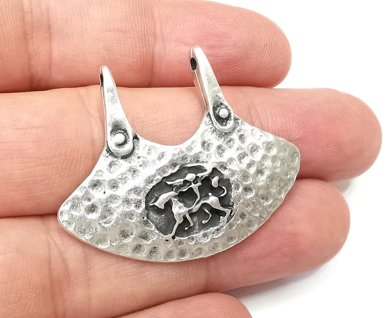 Cavalry Rider Connector Charms, Antique Silver Plated Hammered Pendant (43x34mm) G28643