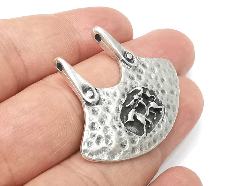 Cavalry Rider Connector Charms, Antique Silver Plated Hammered Pendant (43x34mm) G28643