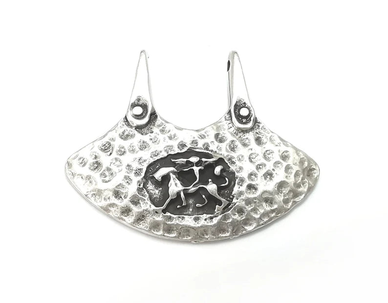 Cavalry Rider Connector Charms, Antique Silver Plated Hammered Pendant (43x34mm) G28643