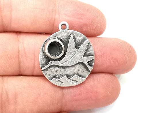 Stork and Mountains Charms Pendant Bezel, Resin Blank, inlay Mounting, Mosaic Frame Cabochon Base, Antique Silver Plated (6mm) G28646