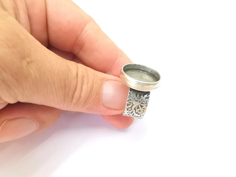 Round Antique Silver Ring Blank Setting, Cabochon Mounting, Adjustable Resin Ring Base Bezels, Inlay Ring Mosaic Ring Bezel (18mm) G28656