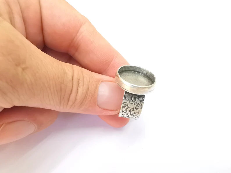 Round Antique Silver Ring Blank Setting, Cabochon Mounting, Adjustable Resin Ring Base Bezels, Inlay Ring Mosaic Ring Bezel (18mm) G28656