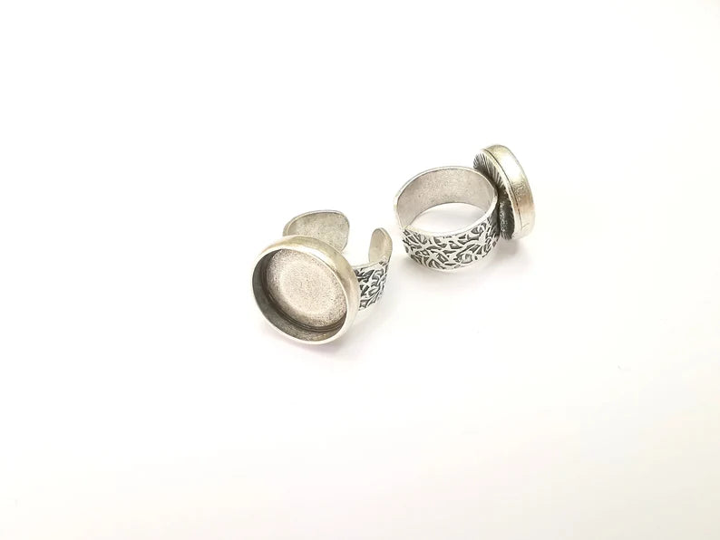 Round Antique Silver Ring Blank Setting, Cabochon Mounting, Adjustable Resin Ring Base Bezels, Inlay Ring Mosaic Ring Bezel (18mm) G28656