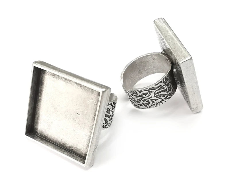 Square Ring, Branch Ring Blank Setting, Cabochon Mounting, Adjustable Resin Base Bezels, Antique Silver Plated (25mm) G28662