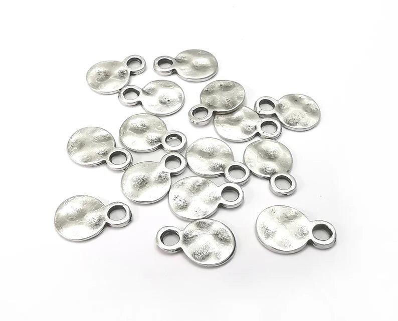 10 Round Disc Hammered Charms Antique Silver Plated Charms (13x9mm) G28665