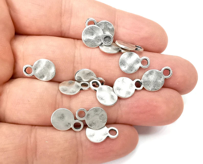 10 Round Disc Hammered Charms Antique Silver Plated Charms (13x9mm) G28665