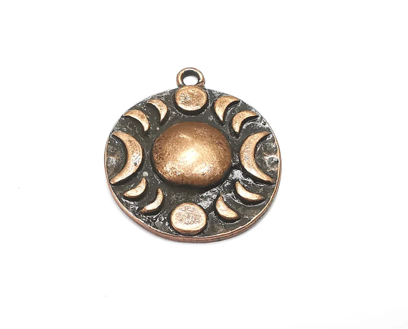 Crescent Moon Charms The Phases of The Moon, Round Hammered Antique Copper Plated (29x25mm) G28671