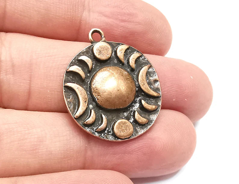 Crescent Moon Charms The Phases of The Moon, Round Hammered Antique Copper Plated (29x25mm) G28671