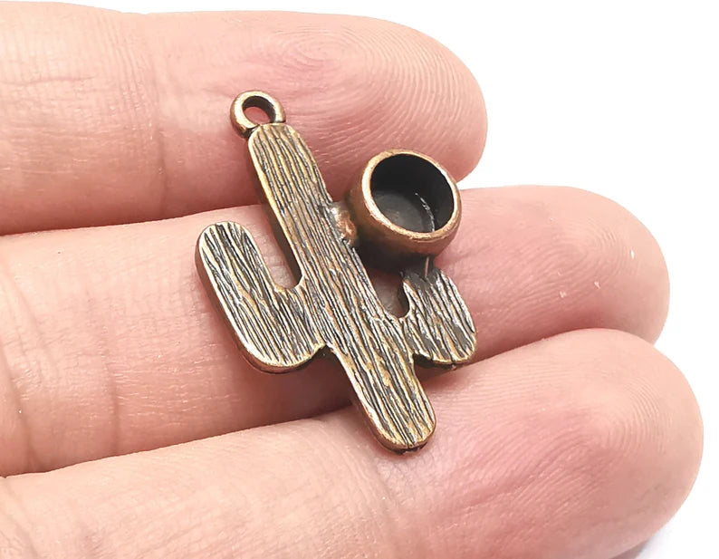 Cactus Charms Pendant Bezel, Resin Blank, inlay Mounting, Mosaic Frame Cabochon Base Dry Flower Setting, Antique Copper Plated (6mm) G28676