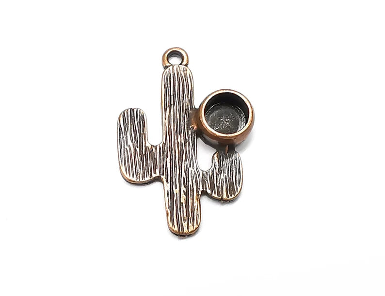 Cactus Charms Pendant Bezel, Resin Blank, inlay Mounting, Mosaic Frame Cabochon Base Dry Flower Setting, Antique Copper Plated (6mm) G28676