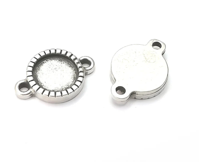 Round Pendant Connector Bezels, Resin Blank, inlay Mountings, Mosaic Frame, Cabochon Bases, Settings, Antique Silver Plated (10mm) G28539