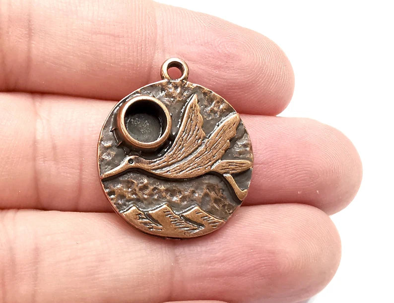 Stork and Mountains Charms Pendant Bezel, Resin Blank, inlay Mounting, Mosaic Frame Cabochon Base, Antique Copper Plated (6mm) G28679