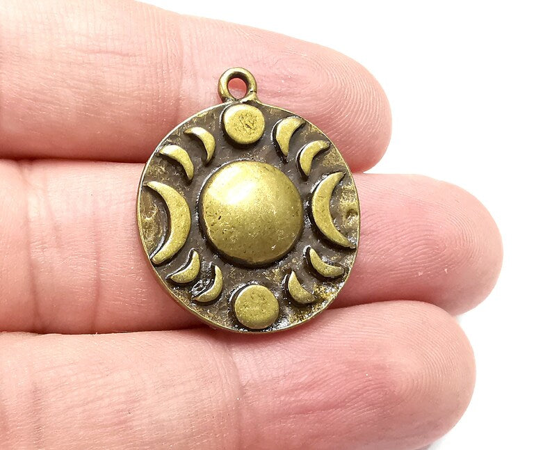 Crescent Moon Charms The Phases of The Moon, Round Hammered Antique Bronze Plated (29x25mm) G28682