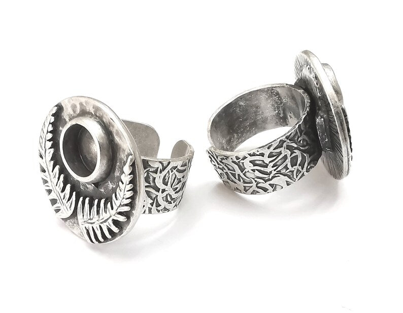 Fern Leaf Ring Blanks Settings, Cabochon Mounting, Adjustable Resin Ring Base Bezels, Antique Silver Plated Brass (8mm) G28550