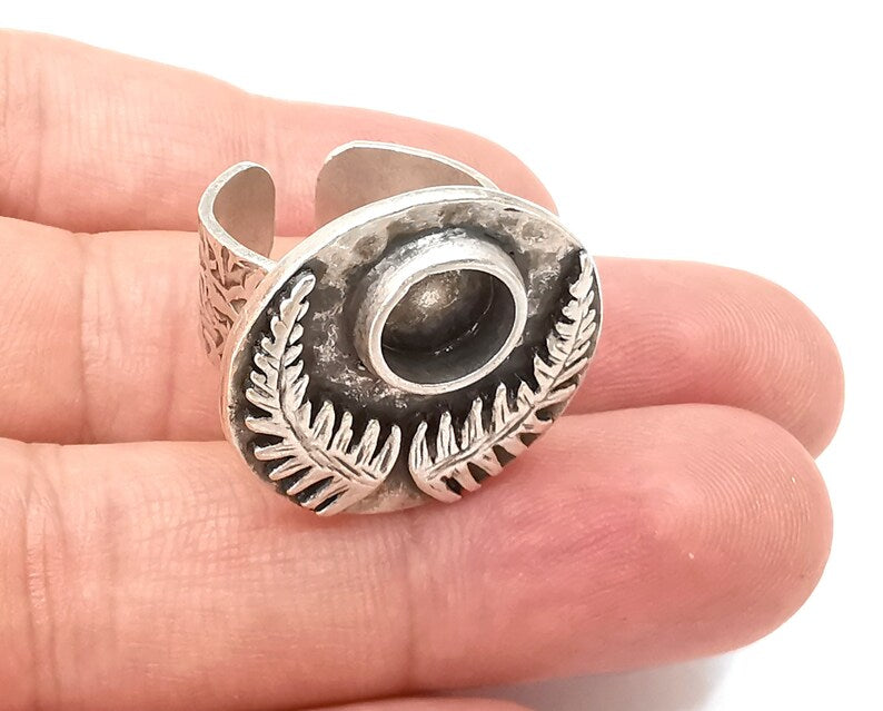 Fern Leaf Ring Blanks Settings, Cabochon Mounting, Adjustable Resin Ring Base Bezels, Antique Silver Plated Brass (8mm) G28550