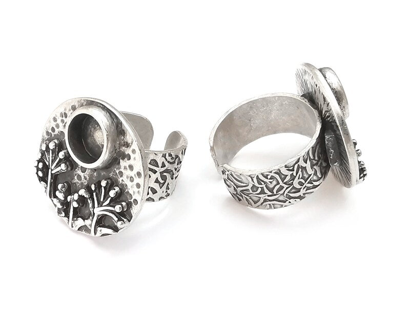 Tree Ring Blanks Settings, Cabochon Mounting, Adjustable Resin Ring Base Bezels, Antique Silver Plated Brass (8mm) G28551