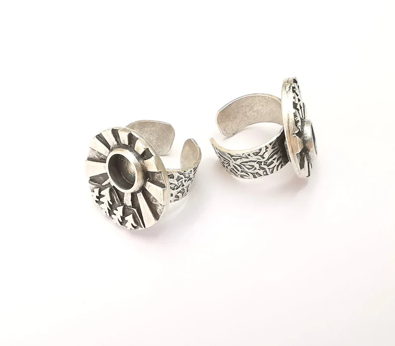 Sunlight Tree Jungle Mountain Ring Blank Setting, Cabochon Mounting, Adjustable Resin Ring Base Bezels, Antique Silver Plated (8mm) G28555