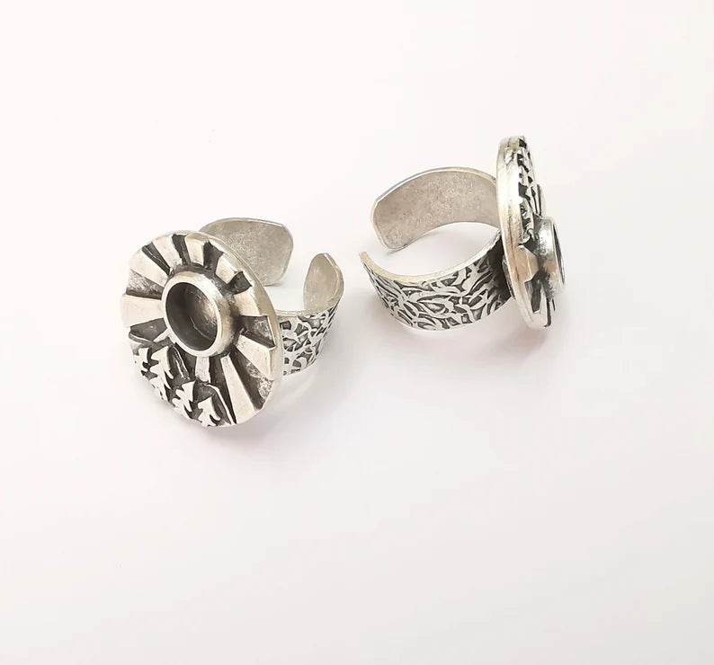 Sunlight Tree Jungle Mountain Ring Blank Setting, Cabochon Mounting, Adjustable Resin Ring Base Bezels, Antique Silver Plated (8mm) G28555