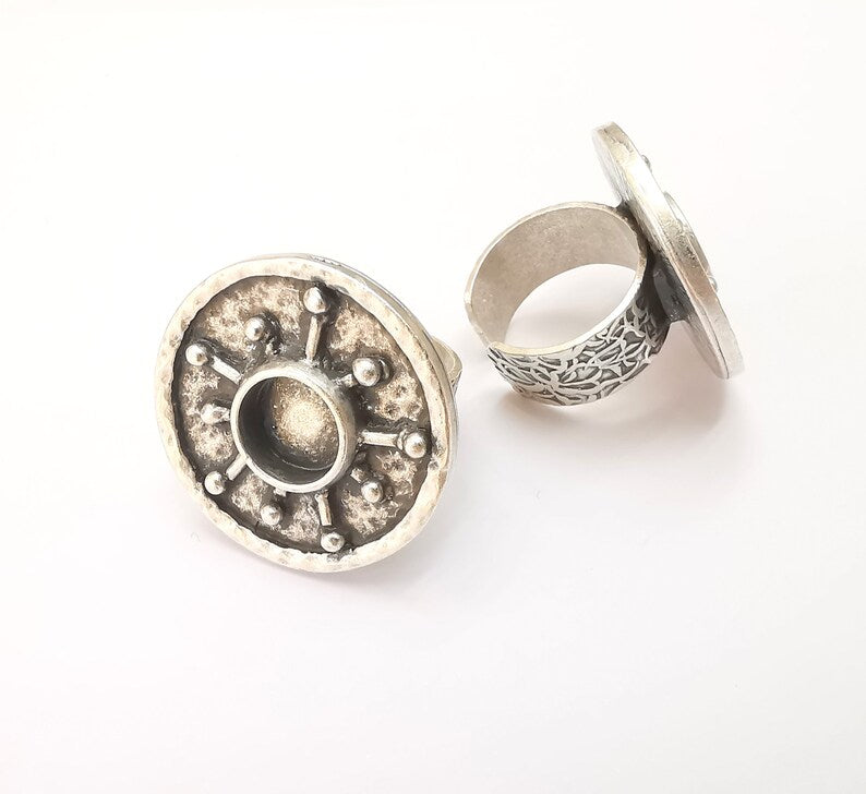 Antique Silver Ring Blank Setting, Cabochon Mounting, Adjustable Resin Ring Base Bezels, Mosaic Ring Setting, Inlay Ring Bezel (10mm) G28556