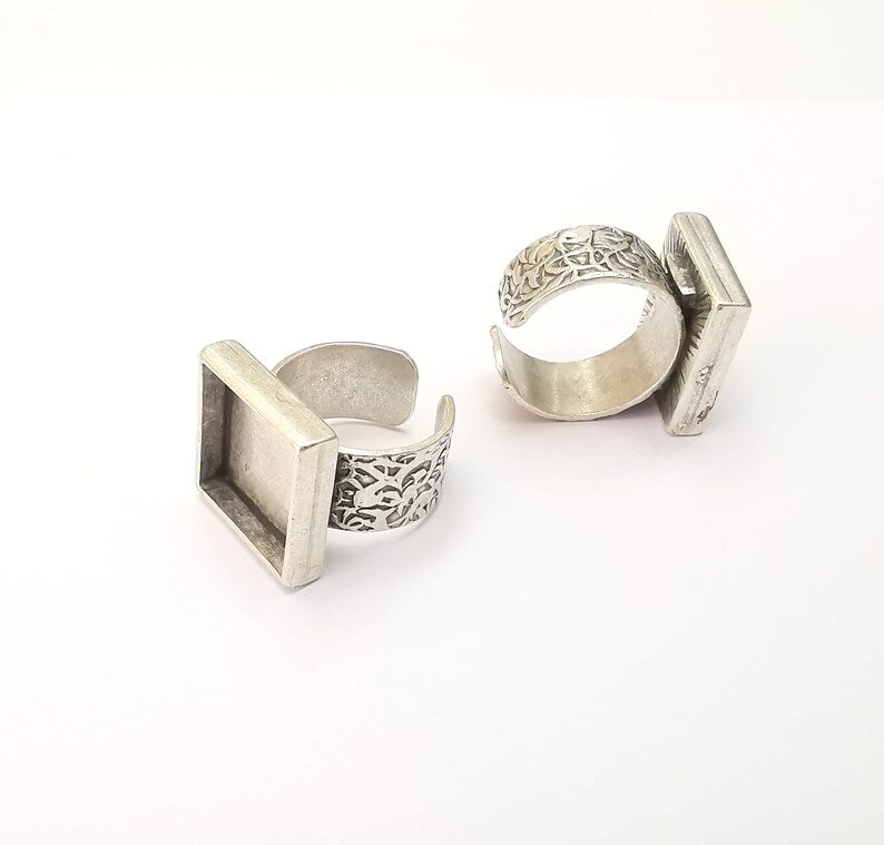 Square Antique Silver Ring Blank Setting, Cabochon Mounting, Adjustable Resin Ring Base Bezel, Inlay Ring Mosaic Ring Bezel (16x16mm) G28557