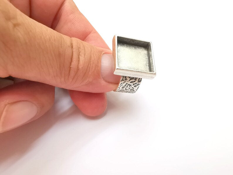 Square Antique Silver Ring Blank Setting, Cabochon Mounting, Adjustable Resin Ring Base Bezel, Inlay Ring Mosaic Ring Bezel (16x16mm) G28557