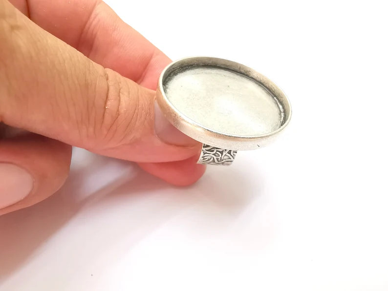 Round Antique Silver Ring Blank Setting, Cabochon Mounting, Adjustable Resin Ring Base Bezels, Inlay Ring Mosaic Ring Bezel G28558