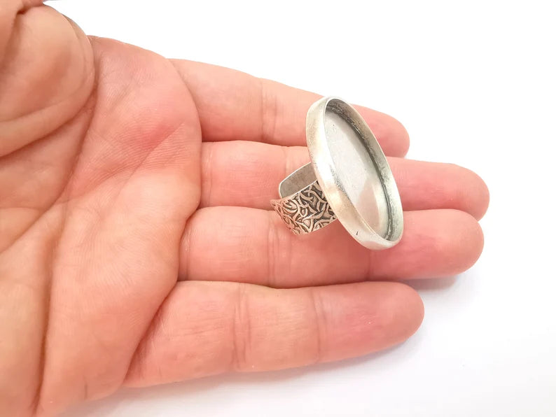 Round Antique Silver Ring Blank Setting, Cabochon Mounting, Adjustable Resin Ring Base Bezels, Inlay Ring Mosaic Ring Bezel G28558