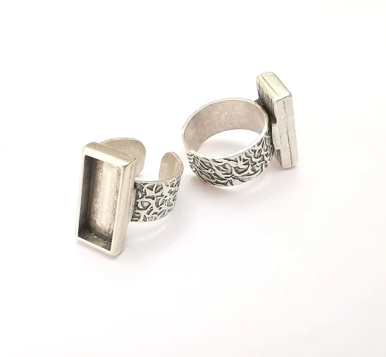Rectangle Antique Silver Ring Blank Settings, Cabochon Mounting, Adjustable Resin Ring Base Bezel, Inlay Mosaic Ring Bezel (20x8mm) G28559