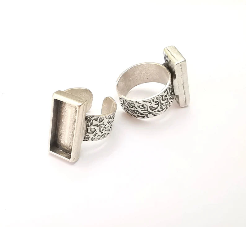 Rectangle Antique Silver Ring Blank Settings, Cabochon Mounting, Adjustable Resin Ring Base Bezel, Inlay Mosaic Ring Bezel (20x8mm) G28559