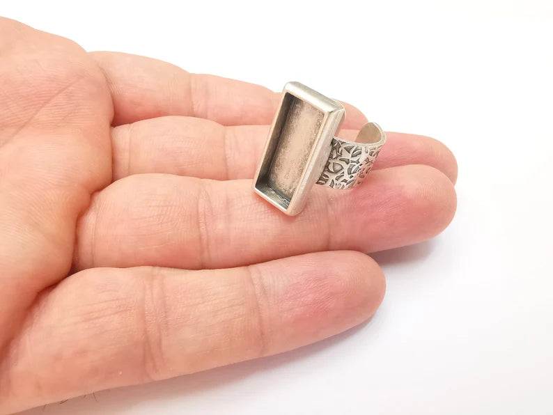 Rectangle Antique Silver Ring Blank Settings, Cabochon Mounting, Adjustable Resin Ring Base Bezel, Inlay Mosaic Ring Bezel (20x8mm) G28559