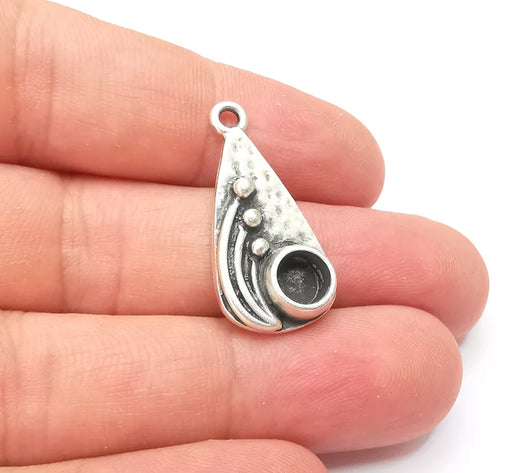 Drop with Buds Pendant Bezel, Resin Blank, inlay Mounting, Mosaic Frame Cabochon Base Dry Flower Setting, Antique Silver Plated (6mm) G28564