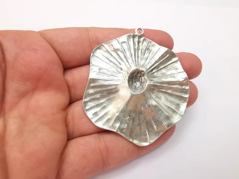 Large Flower Pendant, Antique Silver Plated DIY Pendant (65x58mm) G28565
