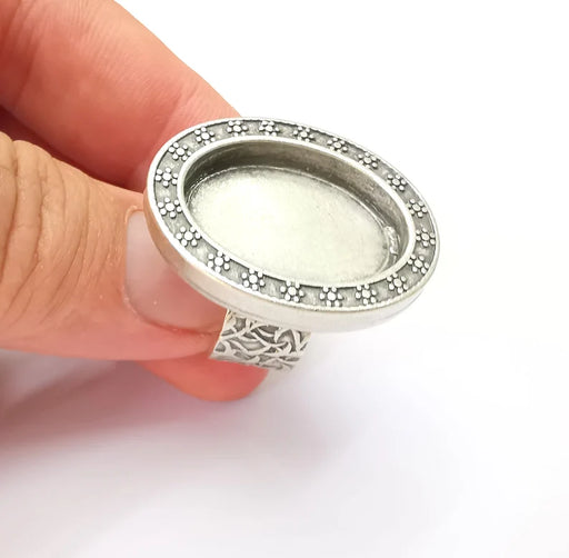Oval Antique Silver Ring Blank Setting, Cabochon Mounting, Adjustable Resin Ring Base Bezels, Inlay Ring Mosaic Ring Bezel (25x18mm) G28568