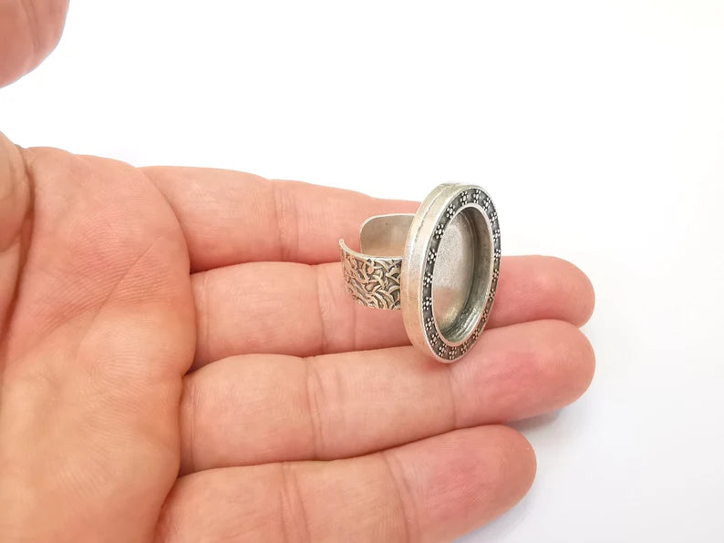 Oval Antique Silver Ring Blank Setting, Cabochon Mounting, Adjustable Resin Ring Base Bezels, Inlay Ring Mosaic Ring Bezel (25x18mm) G28568