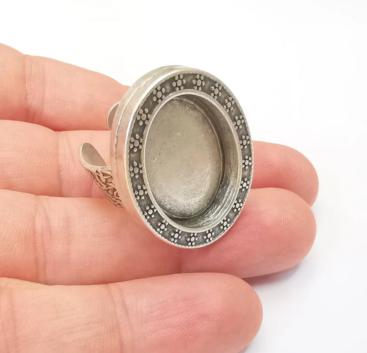 Oval Antique Silver Ring Blank Setting, Cabochon Mounting, Adjustable Resin Ring Base Bezels, Inlay Ring Mosaic Ring Bezel (25x18mm) G28568