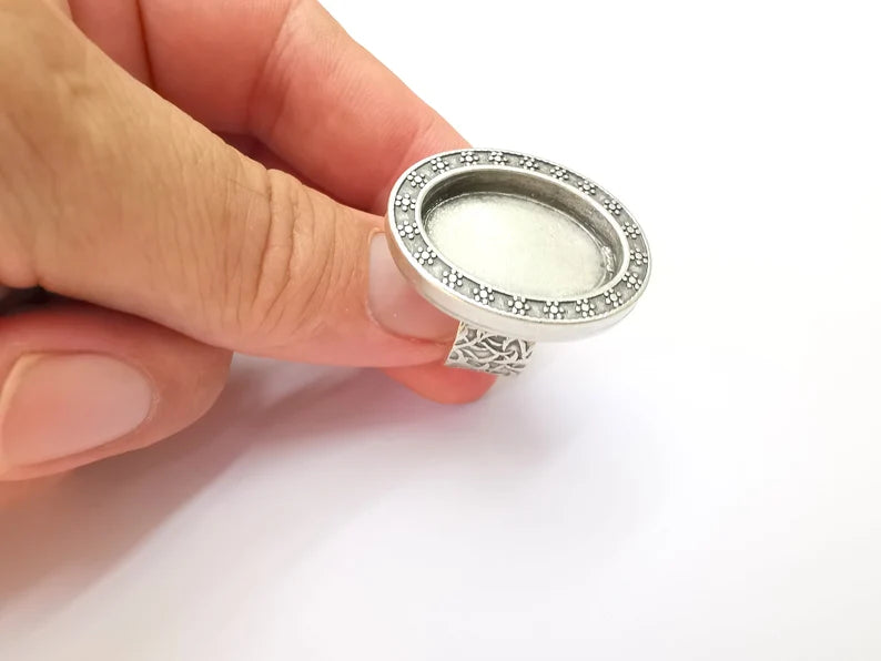 Oval Antique Silver Ring Blank Setting, Cabochon Mounting, Adjustable Resin Ring Base Bezels, Inlay Ring Mosaic Ring Bezel (25x18mm) G28568