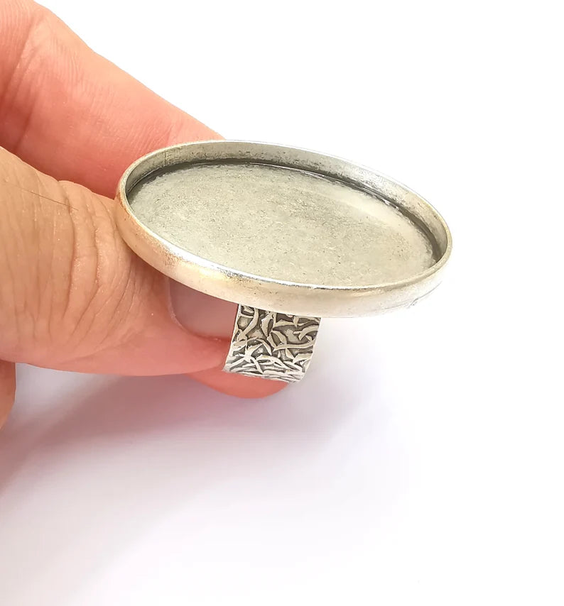 Oval Antique Silver Ring Blank Setting, Cabochon Mounting, Adjustable Resin Ring Base Bezels, Inlay Ring Mosaic Ring Bezel (40x30mm) G28569