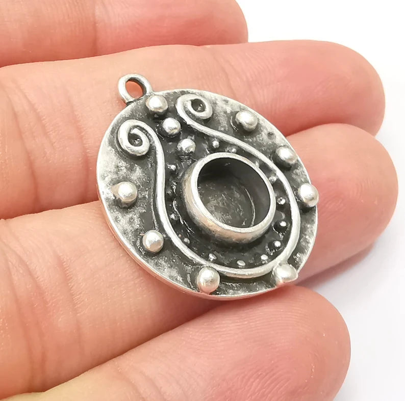Unique Pendant Bezel, Resin Blank, inlay Mounting, Mosaic Frame Cabochon Base Dry Flower Setting, Antique Silver Plated (8mm) G28570