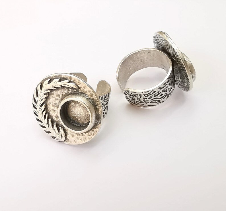 Fern Leaf Ring Blank Settings, Cabochon Mounting, Adjustable Resin Ring Base Bezel, Antique Silver Inlay Mosaic Ring Bezel (10mm) G28571