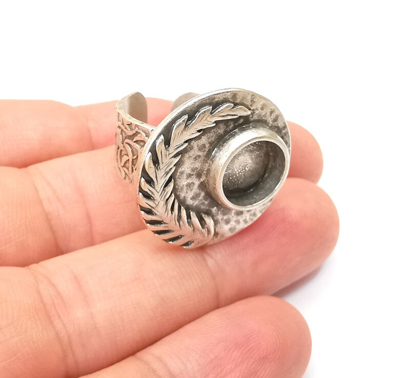 Fern Leaf Ring Blank Settings, Cabochon Mounting, Adjustable Resin Ring Base Bezel, Antique Silver Inlay Mosaic Ring Bezel (10mm) G28571