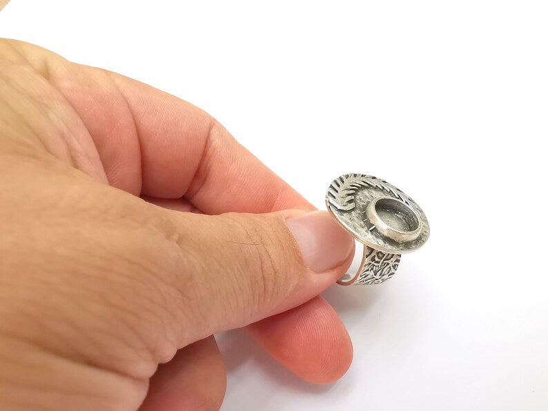 Fern Leaf Ring Blank Settings, Cabochon Mounting, Adjustable Resin Ring Base Bezel, Antique Silver Inlay Mosaic Ring Bezel (10mm) G28571