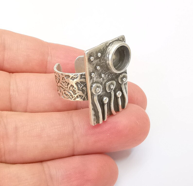 Flower Ring Blank Settings, Mushrooms Cabochon Mounting, Adjustable Resin Ring Base Bezel, Antique Silver Inlay Mosaic Bezel (8mm) G28572