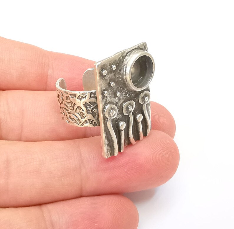 Flower Ring Blank Settings, Mushrooms Cabochon Mounting, Adjustable Resin Ring Base Bezel, Antique Silver Inlay Mosaic Bezel (8mm) G28572