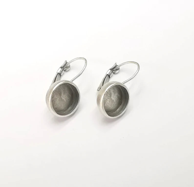 Round Silver Earring Set Base Clips Wire Antique Silver Plated Brass Earring Base (10mm blank) G28578
