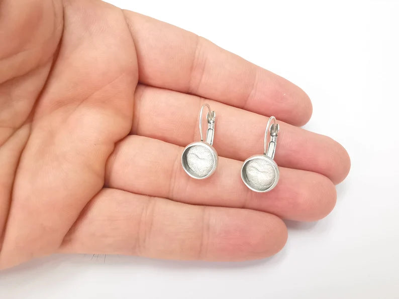Round Silver Earring Set Base Clips Wire Antique Silver Plated Brass Earring Base (10mm blank) G28578