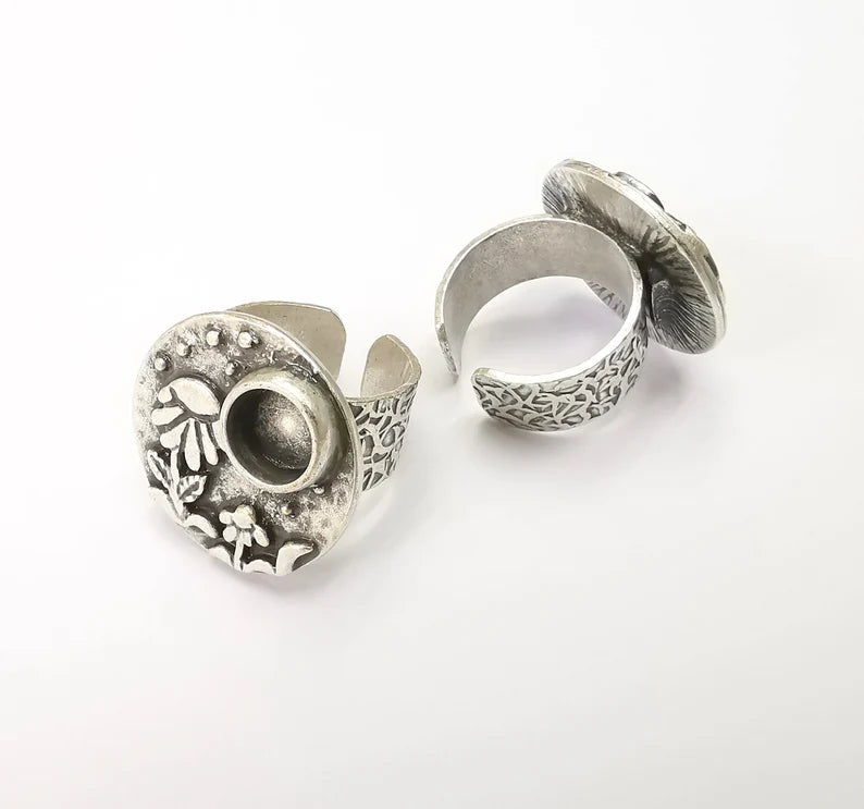 Flower Ring Blank Setting, Cabochon Mounting, Adjustable Resin Ring Base Bezels, Antique Silver Inlay Ring Mosaic Ring Bezel (8mm) G28579
