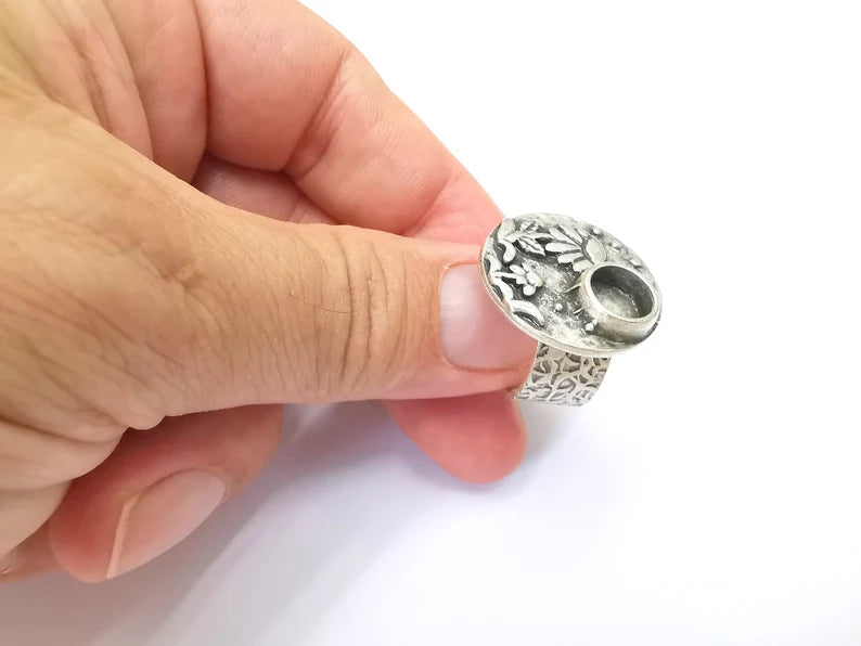 Flower Ring Blank Setting, Cabochon Mounting, Adjustable Resin Ring Base Bezels, Antique Silver Inlay Ring Mosaic Ring Bezel (8mm) G28579
