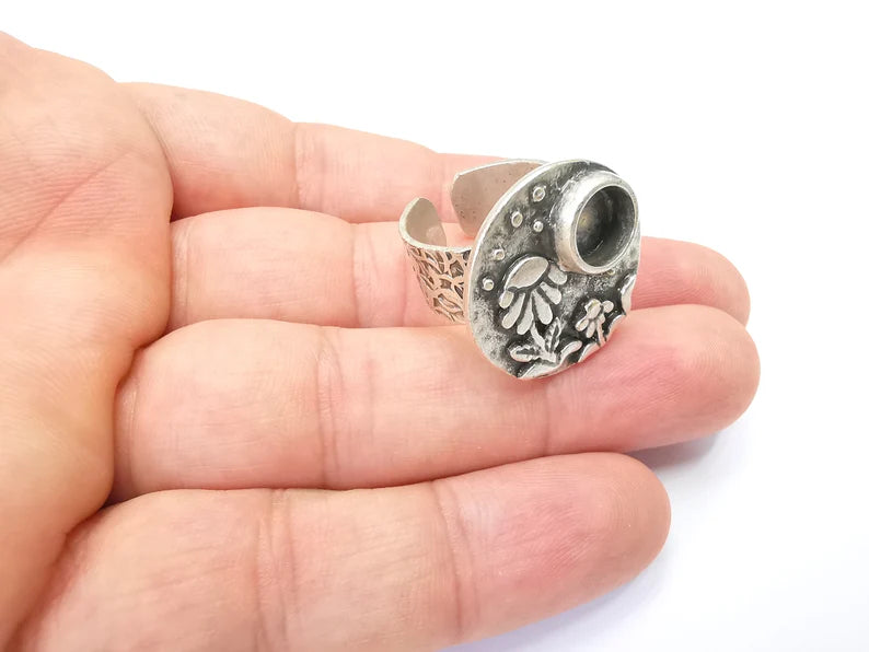 Flower Ring Blank Setting, Cabochon Mounting, Adjustable Resin Ring Base Bezels, Antique Silver Inlay Ring Mosaic Ring Bezel (8mm) G28579