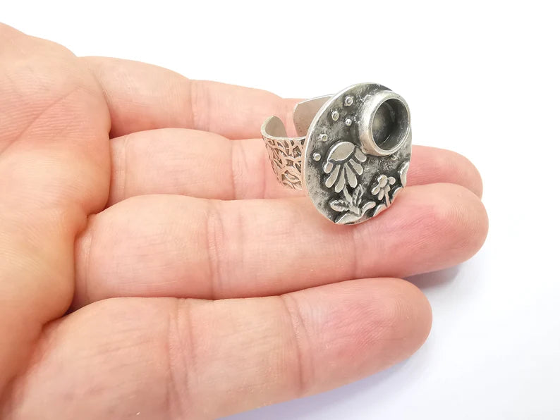 Flower Ring Blank Setting, Cabochon Mounting, Adjustable Resin Ring Base Bezels, Antique Silver Inlay Ring Mosaic Ring Bezel (8mm) G28579