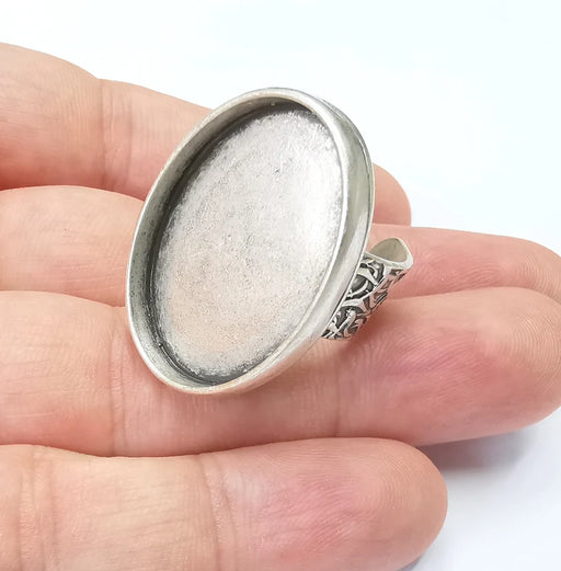 Oval Antique Silver Ring Blank Setting, Cabochon Mounting, Adjustable Resin Ring Base Bezels, Inlay Ring Mosaic Ring Bezel (30x22mm) G28582